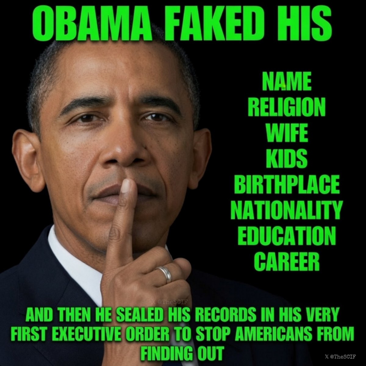 TheSCIF's tweet photo. Barack Obama, groomed by intelligence agencies, &amp; installed in the White House by the cabal to destroy the United States, one institution at a time, &amp; to bring about the globalists' new world order.

All traitors must pay a price, &amp; Obama should be at the top of the list. https://t.co/fstpvdriAg