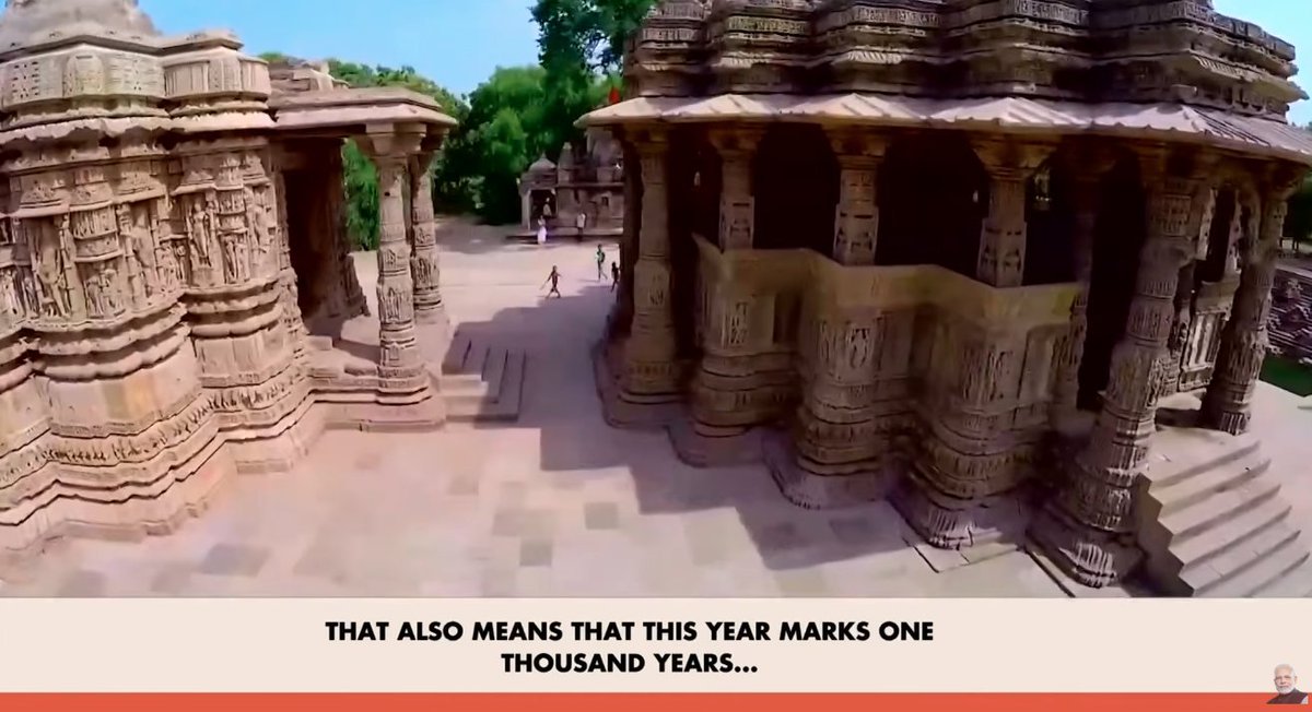 UpendrraRai's tweet photo. Prime Minister @narendramodi says, "In 1026 AD, when the #SomnathTemple was destroyed by the forces of #Ghazni, the famous Sun Temple at #Modhera, also in #Gujarat, was attacked and demolished during that same year.
This means that the destruction of the Modhera temple also marks a 1000-year, even though the temple had been built just a year prior to that event. Facing such a massive invasion, where a major center of faith like the Somnath temple was desecrated, and attacks occurred across multiple locations, could easily have shattered the morale of any society or administration. However, #KingBhimdev I not only confronted Ghazni but also had the #ModheraSunTemple reconstructed within a short period." @PMOIndia @mannkibaat