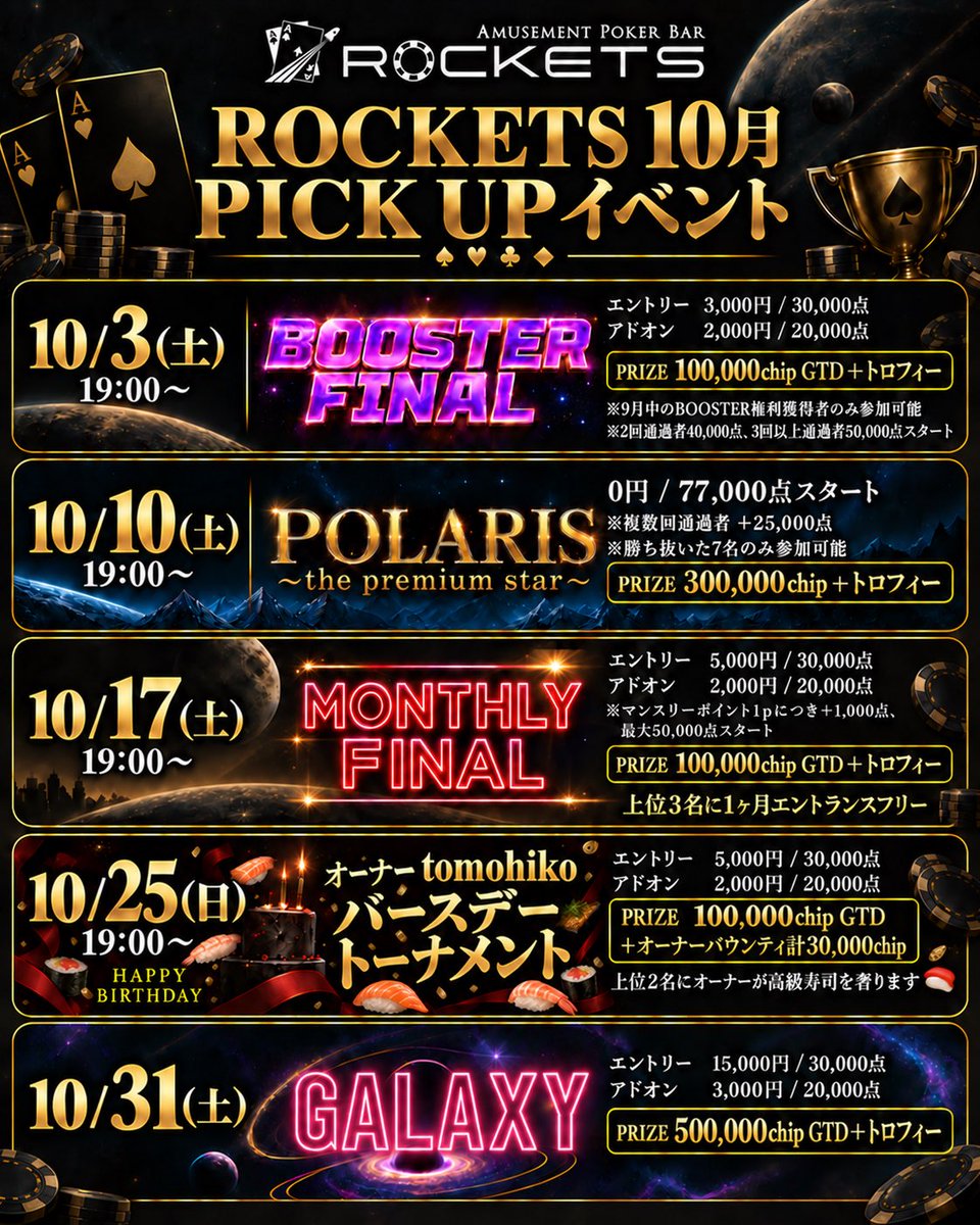 pokerrockets's tweet photo. 【ROCKETS10月のPICK UP イベント】

🏆 10/3(土) 19:00〜｜BOOSTER FINAL
100,000chip GTD＋トロフィー
※9月中のBOOSTERで権利を獲得した方のみ参加可能

⭐ 10/10(土) 19:00〜｜POLARIS FINAL
300,000chip GTD＋トロフィー
9月のPolarisを勝ち抜いた7名による決戦！

🏆 10/17(土) 19:00〜｜MONTHLY FINAL
100,000chip GTD＋トロフィー
さらに上位3名には1ヶ月エントランスフリー！

🍣 10/25(日) 19:00〜｜オーナーtomohiko バースデートーナメント
100,000chip GTD＋オーナーバウンティ計30,000chip
上位2名にはオーナーが高級寿司をご馳走します！(堺市の弥助を予定)

🌌 10/31(土)｜GALAXY
500,000chip GTD＋トロフィー

ROCKETS目玉イベントGALAXY‼️

10月もROCKETSでお待ちしています！🚀

#ROCKETS #堺ポーカー #大阪ポーカー #ポーカートーナメント #BOOSTERFINAL #POLARISFINAL #MONTHLYFINAL #GALAXY