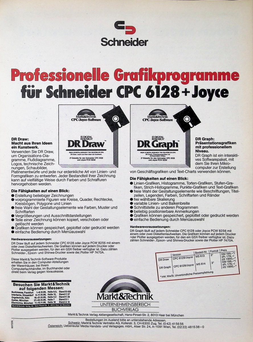 Retrojournal_de's tweet photo. 🎨Professionelle Grafikprogramme auf dem Schneider CPC 6128 und Joyce!
Mit DR Draw wurde gezeichnet, mit DR Graph entstanden Präsentationsgrafiken. Speichern, drucken oder gleich auf dem Plotter ausgeben – 1986 schon ziemlich ausgewachsen. 😎
Preis: jeweils 199 DM.
#CPC #Joyce https://t.co/KPTl16mKUV