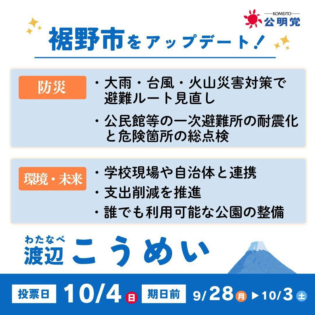 KomeiWatanabe's tweet photo. 裾野市議選1日目が終了しました！
多くの方に応援していただいて、緊張しながらも元気に主張することができました！
まだまだこれから！
渡辺こうめい、頑張ります❗
#裾野市
#渡辺こうめい https://t.co/fZftFNSlri