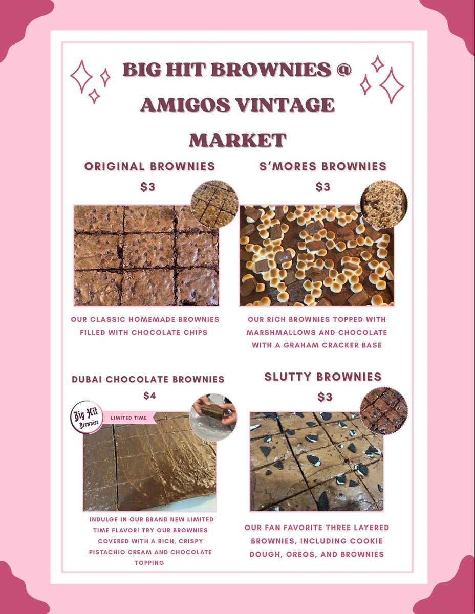 aaliyahmit0vvx's tweet photo. This Saturday, April 26, I’ll be a vendor at Amigos Vintage Market from 6–10 PM at Frontera Beer Garden, 3301 San Bernardo Ave. I’ll have four brownie flavors, including limited-time Dubai Chocolate Brownies. Stop by Big Hit Brownies! https://t.co/8YkVXH9pAu