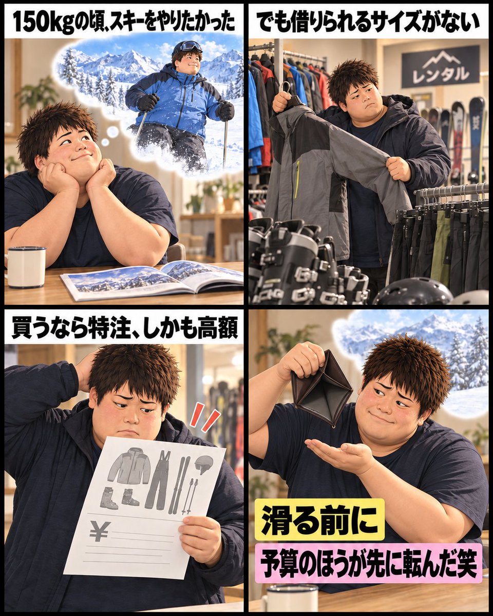 dietyro's tweet photo. 150kgの頃、
スキーをやってみたかった。

でも、借りられるサイズがなくて
買うなら特注。
しかも、かなり高い。

雪の上で転ぶ前に、
予算のほうが先に転んだ笑

やる気だけでは越えられない
「サイズの壁」もあったんだよね〜 https://t.co/lmznYF4uaE