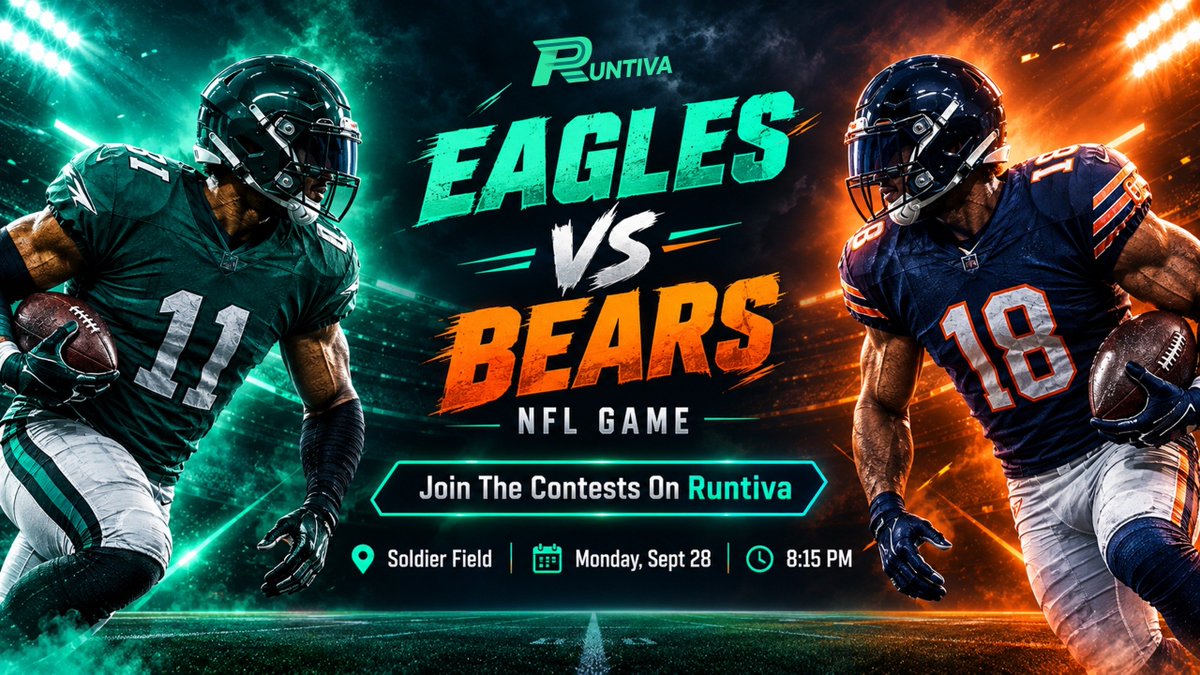 runtiva's tweet photo. Monday Night Football is heading to Chicago! 🏈 The Philadelphia Eagles take on the Chicago Bears at Soldier Field this Monday, Sept 28 at 8:15 PM. With Caleb Williams ruled out due to a hamstring injury, the Bears face a tough test against Jalen Hurts and the undefeated Eagles. Draft your ultimate lineup and Join The Contests On Runtiva! 👇   Link to join: https://t.co/JOhOyINBM9

#FlyEaglesFly #DaBears #MNF #Runtiva #NFL