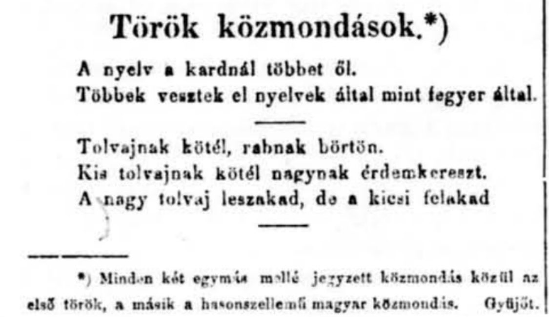 WastingMyHatee's tweet photo. Szentesi Lap, 5 Ocak 1879

Aynı düşünceyi taşıyan Türk ve Macar sözleri:

Türk
• Dil, kılıçtan daha çok can alır.
• Hırsıza ip, mahkuma zindan.

Macar
• Küçük hırsıza ip, büyük hırsıza liyakat nişanı.
• Büyük hırsız ipten kurtulur, küçük hırsız asılır. https://t.co/8Nc7RkwTZv