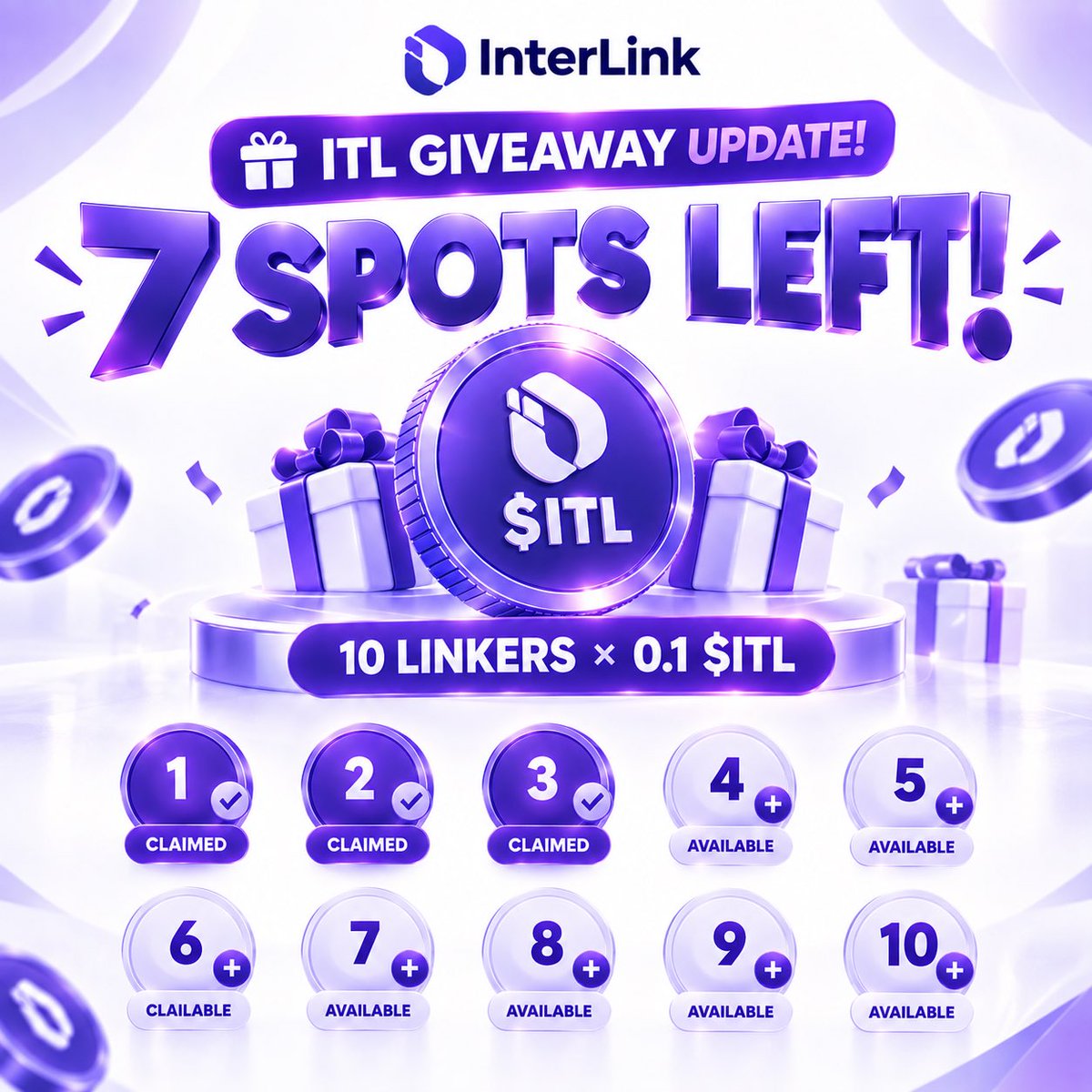 InterlinklabsEt's tweet photo. 🎁 ITL GIVEAWAY UPDATE! 🎁

3️⃣ Winners have been chosen! 🏆
But there are still 7 spots left! 🔥

💰 10 Linkers × 0.1 $ITL each

Want to be one of the remaining winners? 👀

💬 Drop your ITLX Wallet address below
❤️ Like this post
🔁 Repost

Don’t miss your chance! 💜🚀

#InterLink #ITL #Giveaway