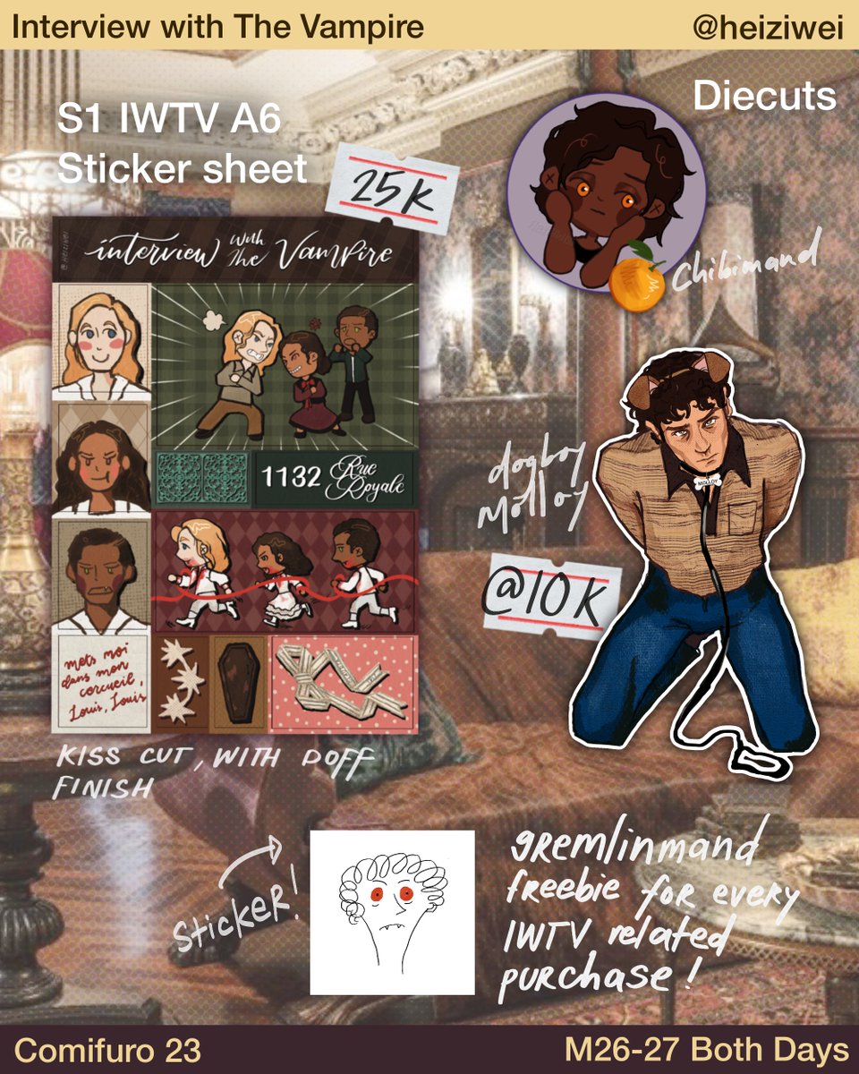 heiziwei's tweet photo. [💛&amp; 🔁 appreciated!]

🌀 heiziwei’s #Comifuro23 #CF23 PO pickup &amp; mail order catalogue
🏠 Booth M26-27
🗓️ Both Days
🔗 po link below! (close 7 Oct)

🩸Interview with The Vampire (IWTV), HPDM/Drarry, Hannibal, Mickey17, Mitski, Boygenius, Lucy Dacus, no na https://t.co/DIODiCrtxC