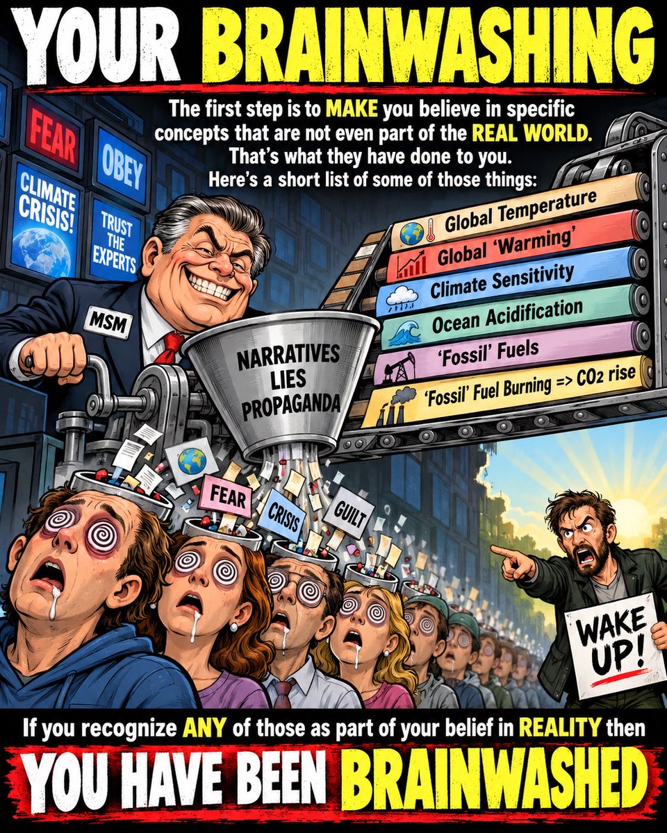 cohler's tweet photo. YOUR BRAINWASHING

The first step is to MAKE you believe in specific concepts that are not even part of the REAL WORLD. 

That’s what they have done to you.

Here’s a short list of some of those things:

- Global Temperature 
- Global “Warming”
- Climate Sensitivity 
- Ocean Acidification 
- “Fossil” Fuels
- “Fossil” Fuel Burning => CO2 rise

If you recognize ANY of those as part of your belief in REALITY then

YOU HAVE BEEN BRAINWASHED