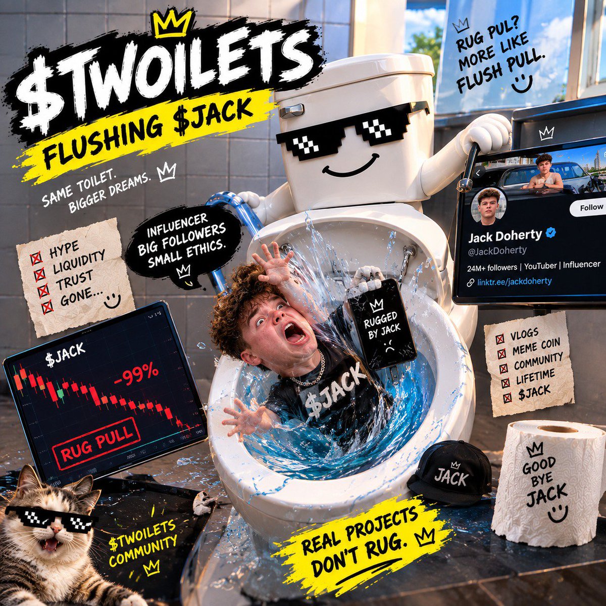 Twoilets_ARC's tweet photo. HE CAME WITH THE HYPE.
$TWOILETS CAME WITH THE FLUSH.

When the chart goes down,
influencers disappear.
But the toilet? It keeps flushing. 😂

$JACK → 🚽💦
$TWOILETS → FLUSHING THE DRAMA.

No promises. No influencer worship.
Just #meme on #arc https://t.co/dXp3NlwQv9 https://t.co/ToY9eCaE9j