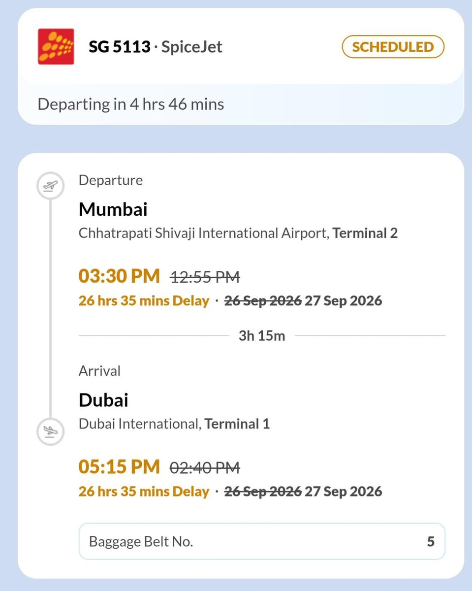 saquib1790's tweet photo. @flyspicejet @flightmojo @DGCAIndia @makemytrip SG5113 Mumbai–Dubai, booked for 26 Sep 2026, was changed multiple times with no clear update. Repeatedly contacted SpiceJet, no response. Airport entry was denied. Please confirm status and process my refund. PNR: KGURRA https://t.co/lT1RWWfBt1