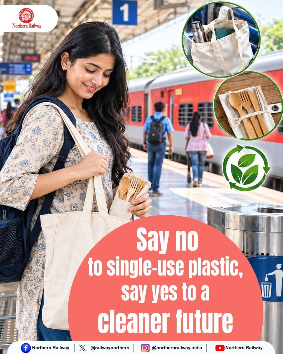 drm_mb's tweet photo. While travelling, always carry cloth bags and wooden cutlery to reduce plastic waste at the station. A #SmartRailYatri travels responsibly.

@RailMinIndia @RailwayNorthern https://t.co/7EP3d1ik8G