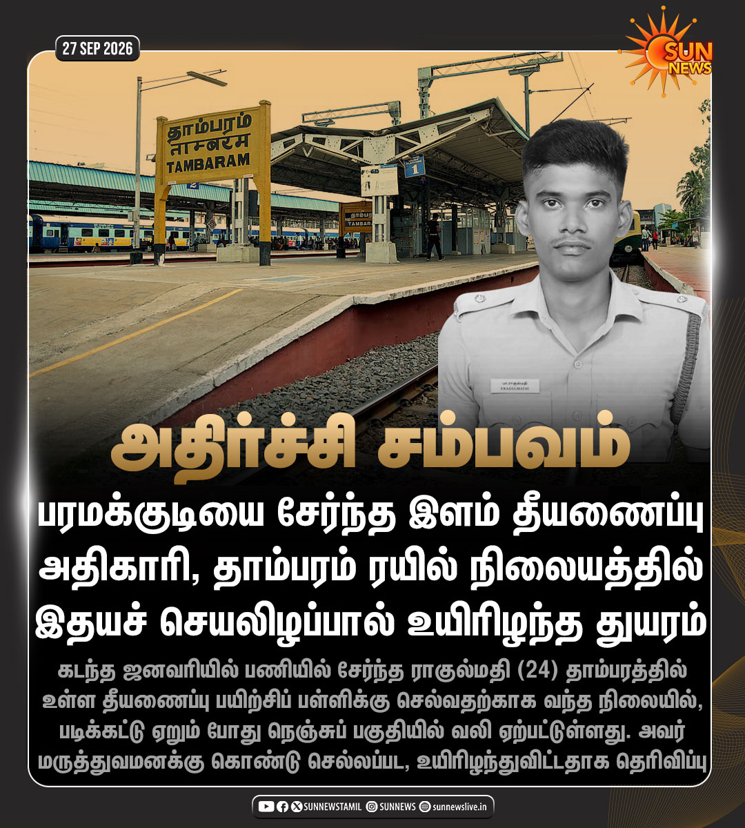 sunnewstamil's tweet photo. #NewsUpdate | இளம் தீயணைப்பு அதிகாரி இதயச் செயலிழப்பால் உயிரிழந்த துயர சம்பவம்

#SunNews | #Tambaram | #FireOfficer https://t.co/QMTLRK6M3w