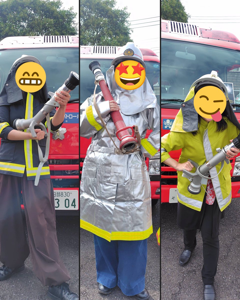 m_choco_sweets's tweet photo. 鷹野アウトドアフェスに消防車が💡三郷市消防団の方々に見守られながら😊消防服を着て写真撮影と水消火器体験をさせてもらいました✨️Ｎさん、Ｋちゃんと大人トリオで子供のようにはしゃぎまくりました😆消防服(子供用のNちゃんと私😂)が重たくてビックリ😲貴重な体験をさせていただきましたm(_ _)m https://t.co/b4Cw9P5KAW
