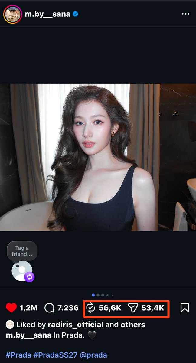 herefor_sana's tweet photo. 2/9 of SANA’s PradaSS27 posts eligible for EMV tracking have reached over 1M likes! 🥳✅

Note that most of us have already liked, but so many people forgot to REPOST and share them to stories - these 2 actions will give the posts much more reach. Please double-check! 🙏💜 https://t.co/xfTcsLtIkb