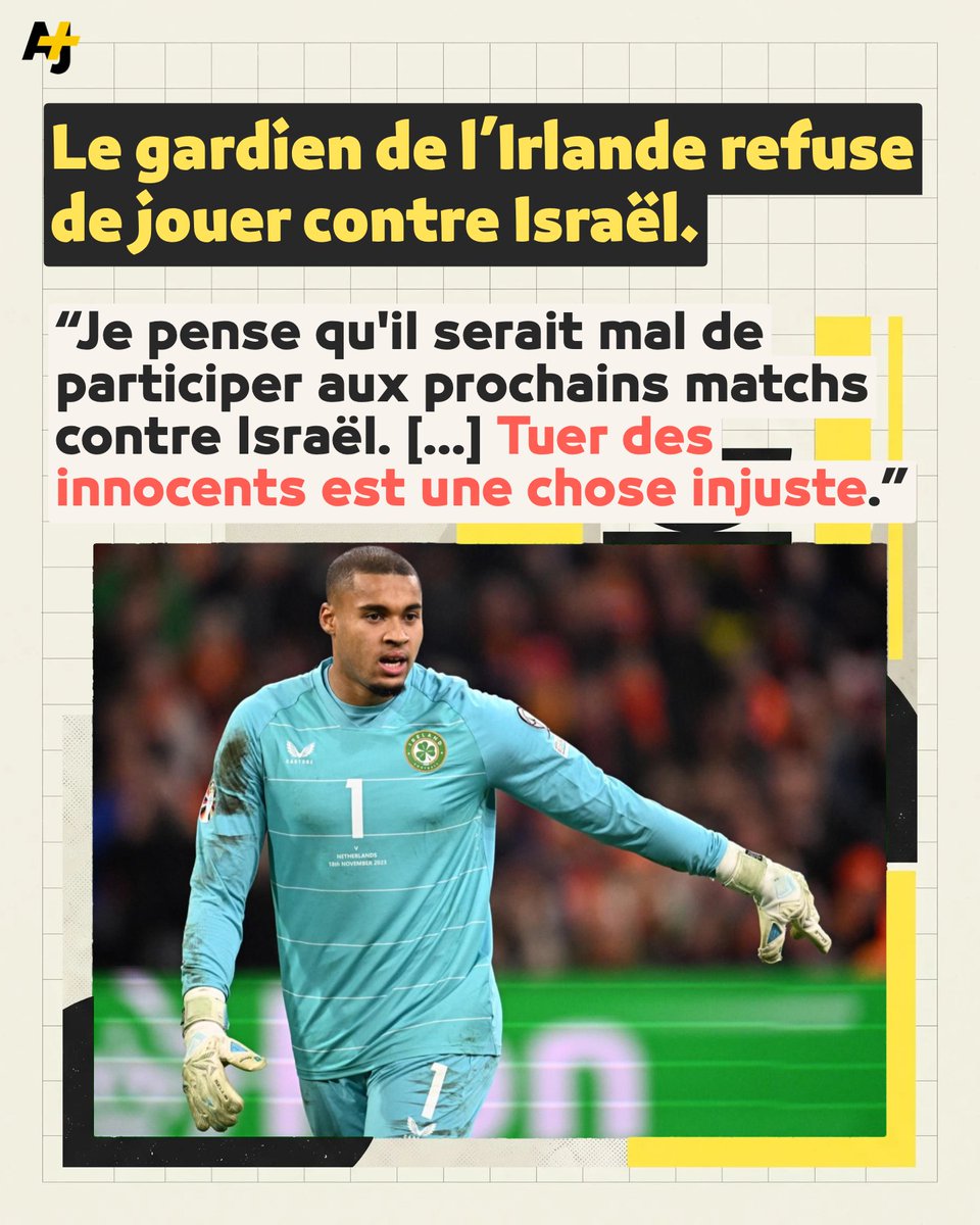 ajplusfrancais's tweet photo. À quelques heures du match entre l’Irlande et Israël en Ligue des Nations prévu ce dimanche 27 septembre à Debrecen, en Hongrie, le gardien irlandais Gavin Bazunu annonce qu’il refuse d’y participer.

La rencontre suscite un important malaise en Irlande, où plusieurs voix réclament son boycott. Après de longues discussions et un vote au sein de la sélection, ses coéquipiers ont toutefois décidé de disputer la rencontre. Gavin Bazunu, lui, maintient son refus : “Je suis un homme profondément croyant et je m’efforce de faire de mon mieux pour être une personne de caractère et de principes.”

Le gardien précise que sa décision ne vise ni “le peuple israélien” ni “la communauté juive”, mais les “atrocités commises dans la région”. “Il arrive rarement dans une vie que l’on ait l’occasion de prendre position pour quelque chose qui nous dépasse”, affirme-t-il.