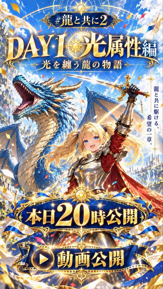 Yu_SuKe_SamurAI's tweet photo. 🐉✨ #龍と共に2 コラボ動画公開！

まずは——
DAY1 ☀️光属性編

🕗本日20:00公開！

皆さんから集まった“光の龍の物語”を
ひとつの映像へ繋ぎました🎬✨

眩い光も 優しい光も
共に戦い 共に歩んだ物語も——

ぜひ最後までご覧ください🐉☀️

そしてその輝きの先で——
次は、闇が目を覚ます。

#龍と共に2 https://t.co/QHZvq34Arg