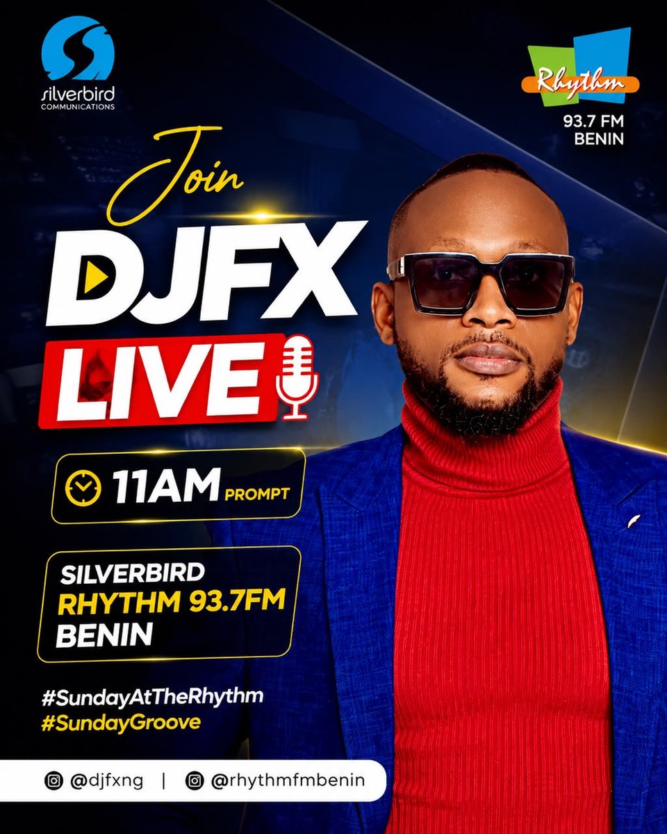 RhythmFMBenin's tweet photo. Join @djfxng now live for the 3hours ‼️📻📡
#SundayGroove OnAir 🥳⚡️🎶
#SundayAtTheRhythm "Dj Live Mix" 📀

Burna boy Davido Wizkid Madagascar #RadioDj
Blessed Sunday Cut 1 Settings Guehi Okiki 
Airpeace Baba God Guinness World Record 
Spain Ferran Torres Church Wembley bpay https://t.co/xIWK8rWdQb