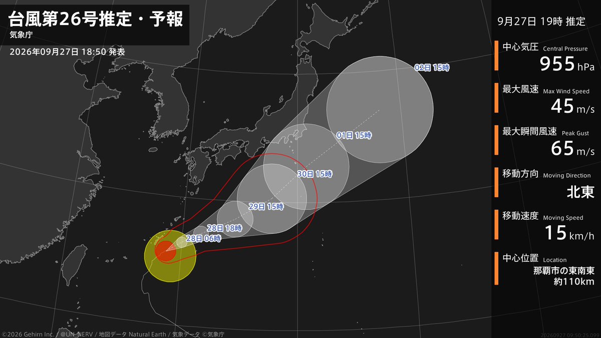 UN_NERV's tweet photo. 【台風第26号推定・予報 2026年09月27日 18:50】
非常に強い台風第26号（スリゲ）は、那覇市の東南東約110kmを1時間に15キロの速さで北東に進んでいるとみられます。 https://t.co/jLF2Zdtbdf