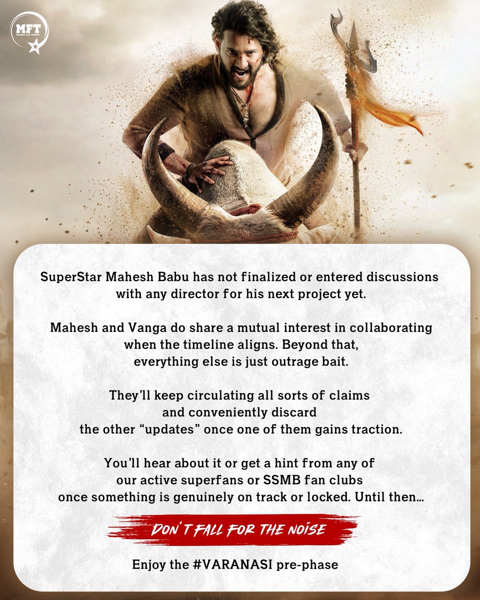 MaheshFanTrends's tweet photo. Superstar @urstrulyMahesh’s next project isn’t locked or in discussions (excluding SRV) yet.

IGNORE THE NOISE for now, and just enjoy the VARANASI pre-phase ❤️ https://t.co/cRrqVvJFeP