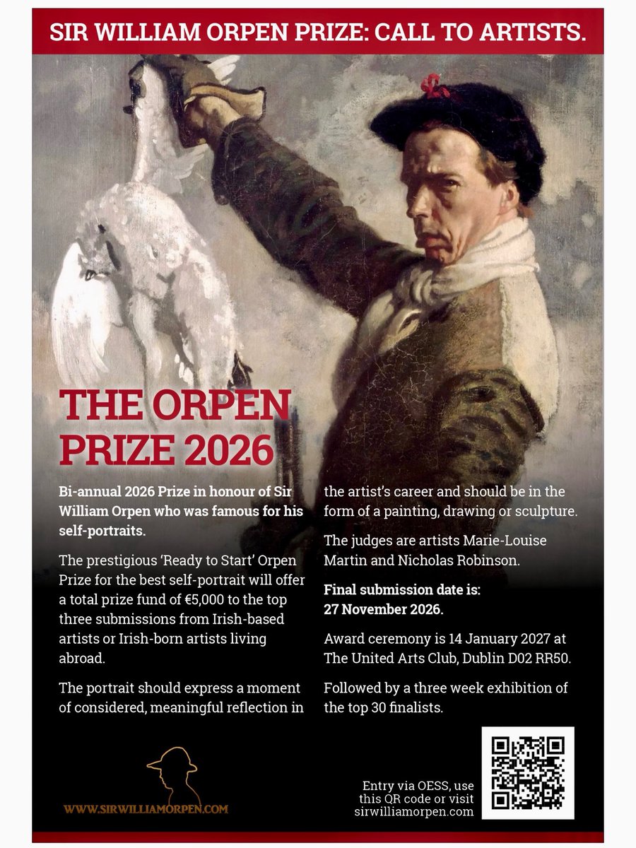 SirWilliamOrpen's tweet photo. Open call to Irish artists or artists of any nationality who are living in Ireland. 
Enter your self-portrait by 27th Nov. (Sir William Orpen’s birthday). Total prize fund of €5,000 in cash and vouchers. Awards ceremony 14th Jan 2027 at United Arts Club, Dublin. Scan QR code. https://t.co/2ziIn6Xf7c