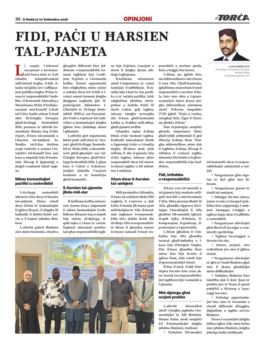 LaiqAtif's tweet photo. Faith, Peace and Care for the Planet: Serving national and community interests is the duty of every citizen. Read more on: https://t.co/JH9SY3Dx1h
#sustainability #SDGs #environment #malta #maltese #GZIRA #Ahmadiyya #ahmadiyyamalta #islam #muslim https://t.co/9KO86wZPjL