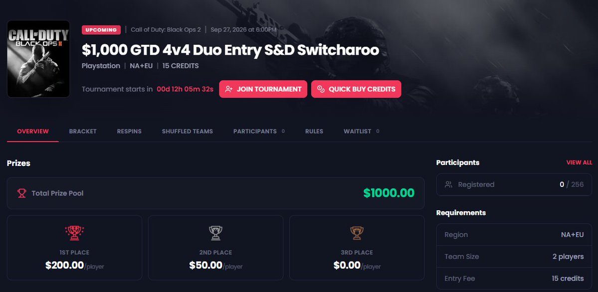 ConsoleKings's tweet photo. Tonight at 6pm ET🔥

$1,000 GTD 4v4 BO2 S&amp;D Duo Entry Switcharoo

2 random players who RT and tag their duo will receive a free entry into this tournament! https://t.co/8rL0gbql40