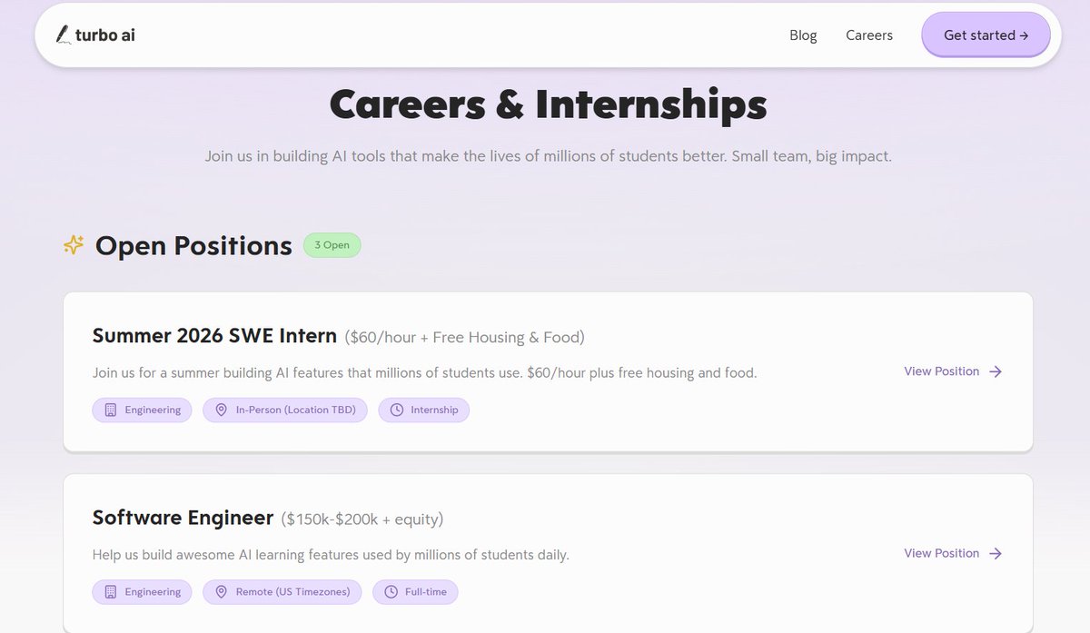 v_garg_s's tweet photo. We’re hiring an engineer.   

$250k+ TC.

Turbo ai has 12 million users and only 3 engineers. You’ll be the fourth member of the team.

Link : https://t.co/TvjkXOgHwA

SWE Intern: https://t.co/Ewj5F0czNJ

Tons of ownership from day 1 and lots of room for growth. https://t.co/WrND8YhZ3n