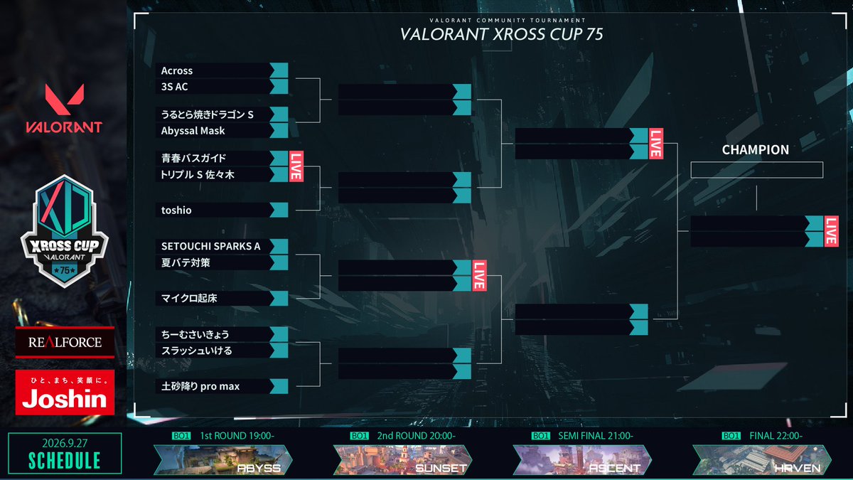 XDivisionGame's tweet photo. #VALORANT #XrossCup 75🏆

まもなく今大会の1st Roundの模様をお送りします📣

1st Round Map Abyss🔥
青春バスガイド vs トリプルS佐々木

注目の試合、どちらが勝利するのか⁉️

🟣Twitch
https://t.co/r1V28ujhHR

#XDIVISION https://t.co/ZvtOu0Rbx0