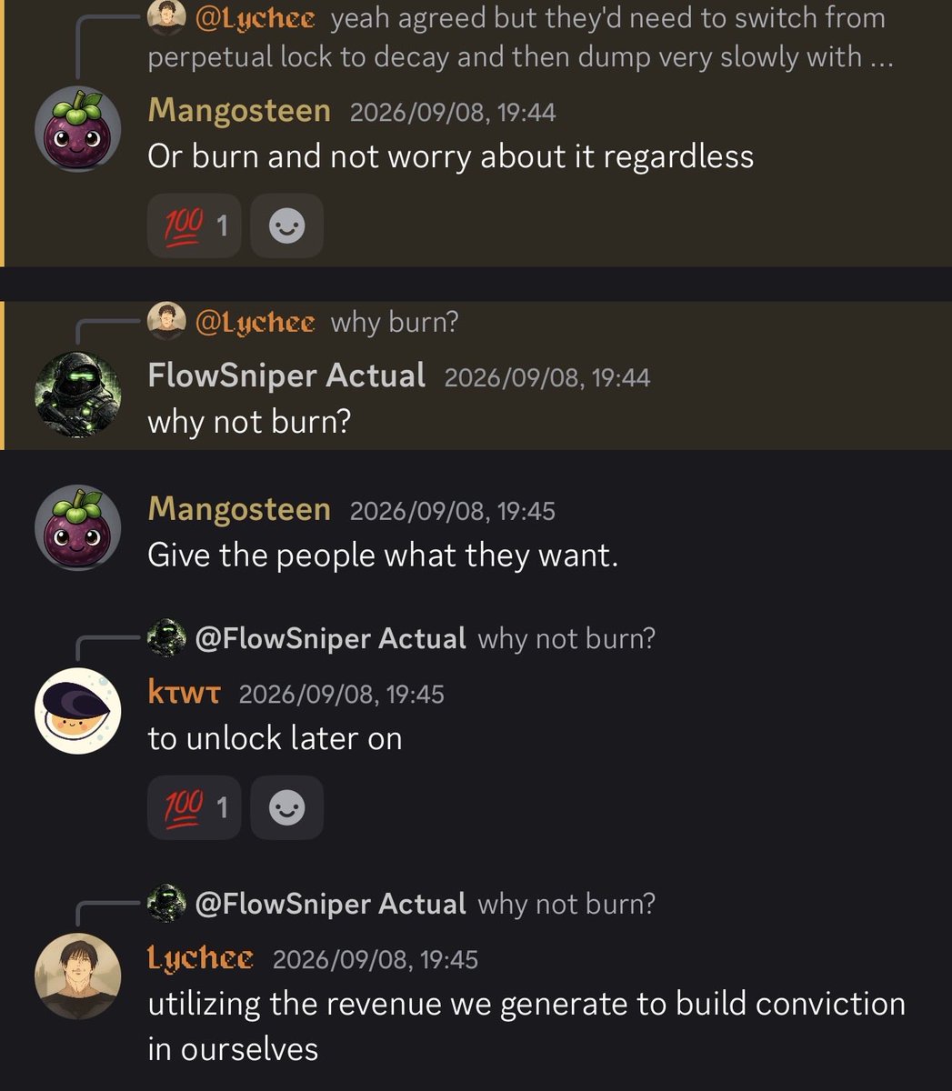 lcnxyz's tweet photo. Burn or lock buybacks?

we have always tried to experiment with chain upgrades, so when conviction launched we saw the benefits to lock alpha acquired with revenue

this meant showing commitment, cementing our spot as the subnet operators and takes alpha out of circulation through the locked stake yield

when presenting this to the community, great points were made for both burn and lock options however, ultimately consensus was ‘burn is better’

admittedly it’s a small sample size of opinions so i’d like to get more data: What is everyone’s opinion on burn vs lock for subnets generating revenue?