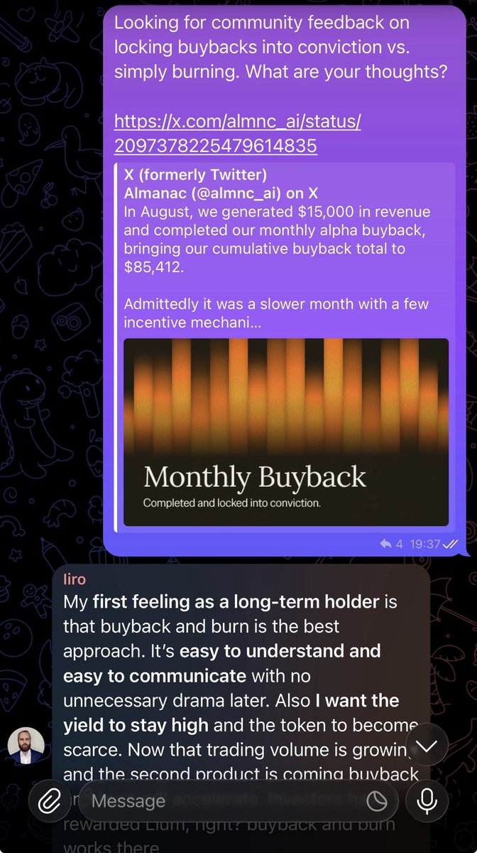 lcnxyz's tweet photo. Burn or lock buybacks?

we have always tried to experiment with chain upgrades, so when conviction launched we saw the benefits to lock alpha acquired with revenue

this meant showing commitment, cementing our spot as the subnet operators and takes alpha out of circulation through the locked stake yield

when presenting this to the community, great points were made for both burn and lock options however, ultimately consensus was ‘burn is better’

admittedly it’s a small sample size of opinions so i’d like to get more data: What is everyone’s opinion on burn vs lock for subnets generating revenue?