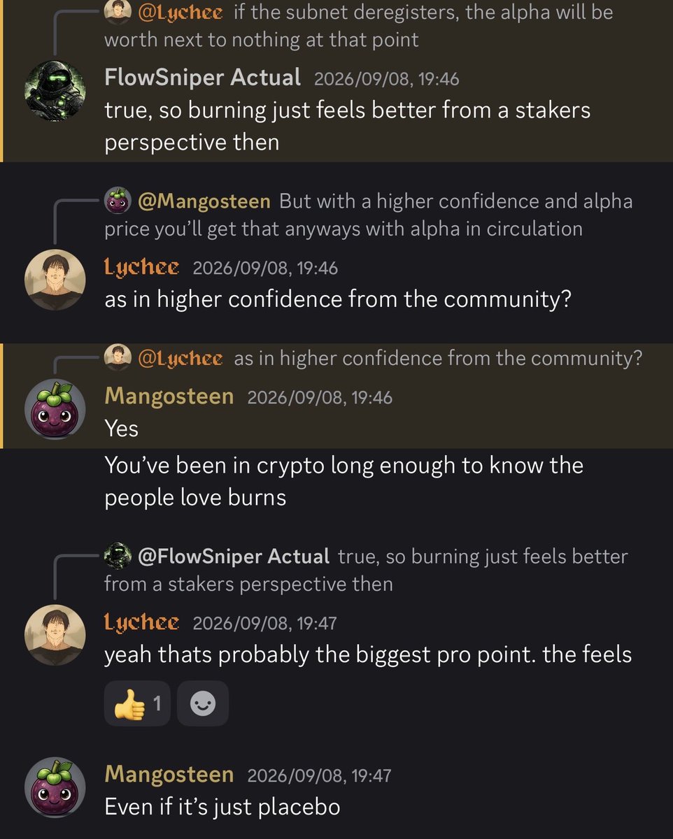 lcnxyz's tweet photo. Burn or lock buybacks?

we have always tried to experiment with chain upgrades, so when conviction launched we saw the benefits to lock alpha acquired with revenue

this meant showing commitment, cementing our spot as the subnet operators and takes alpha out of circulation through the locked stake yield

when presenting this to the community, great points were made for both burn and lock options however, ultimately consensus was ‘burn is better’

admittedly it’s a small sample size of opinions so i’d like to get more data: What is everyone’s opinion on burn vs lock for subnets generating revenue?