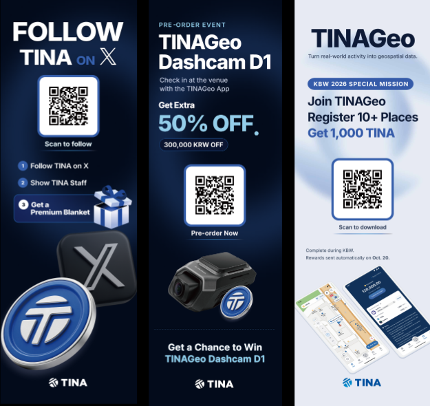 TINA_GeoDePIN's tweet photo. D-3! Meet TINA at KBW — and unlock exclusive on-site rewards. 🚀

We’re bringing more than just the TINAGeo Dashcam D1 to our KBW side event.

🎁 50% OFF TINAGeo Dashcam
🚘 Chance to win a TINAGeo Dashcam
🧣 Claim a Premium Blanket

See TINAGeo Dashcam D1 in person, meet the TINA team, and enjoy exclusive rewards available only at the event.

📍 SEP 30 · SEOUL
TINAGeo Dashcam D1 Unveiled

👇 Join us at KBW 2026
https://t.co/d3SCGmU6px

#TINA #TINAGeo #KBW2026 #DePIN #GeoDePIN #Solana #Crypto