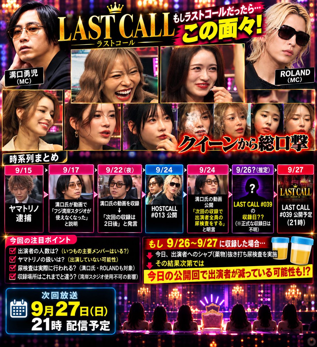 oenmanplusnews's tweet photo. 【LAST CALL本日 公開前リマインド】
ヤマトリノ逮捕を受けて溝口氏が収録日に尿検査実施と発言

9/24 溝口氏
「次回の収録で出演者全員の尿検査をする」と明言
↓
9/24溝口氏
「次回収録は2日後」
↓
9/26 収録日？？尿検査？？
↓
9/27 本日21時(毎週日曜21時)
LAST CALL 039公開予定
↓
9/26の結果次第では
今日のラストコール公開回で出演者が減っている可能性も？

⬇️次回予告ではこのメンバー出てたけど
果たして今日の公開でどうなるか？

本日21時を見逃すな🫵🏼😎