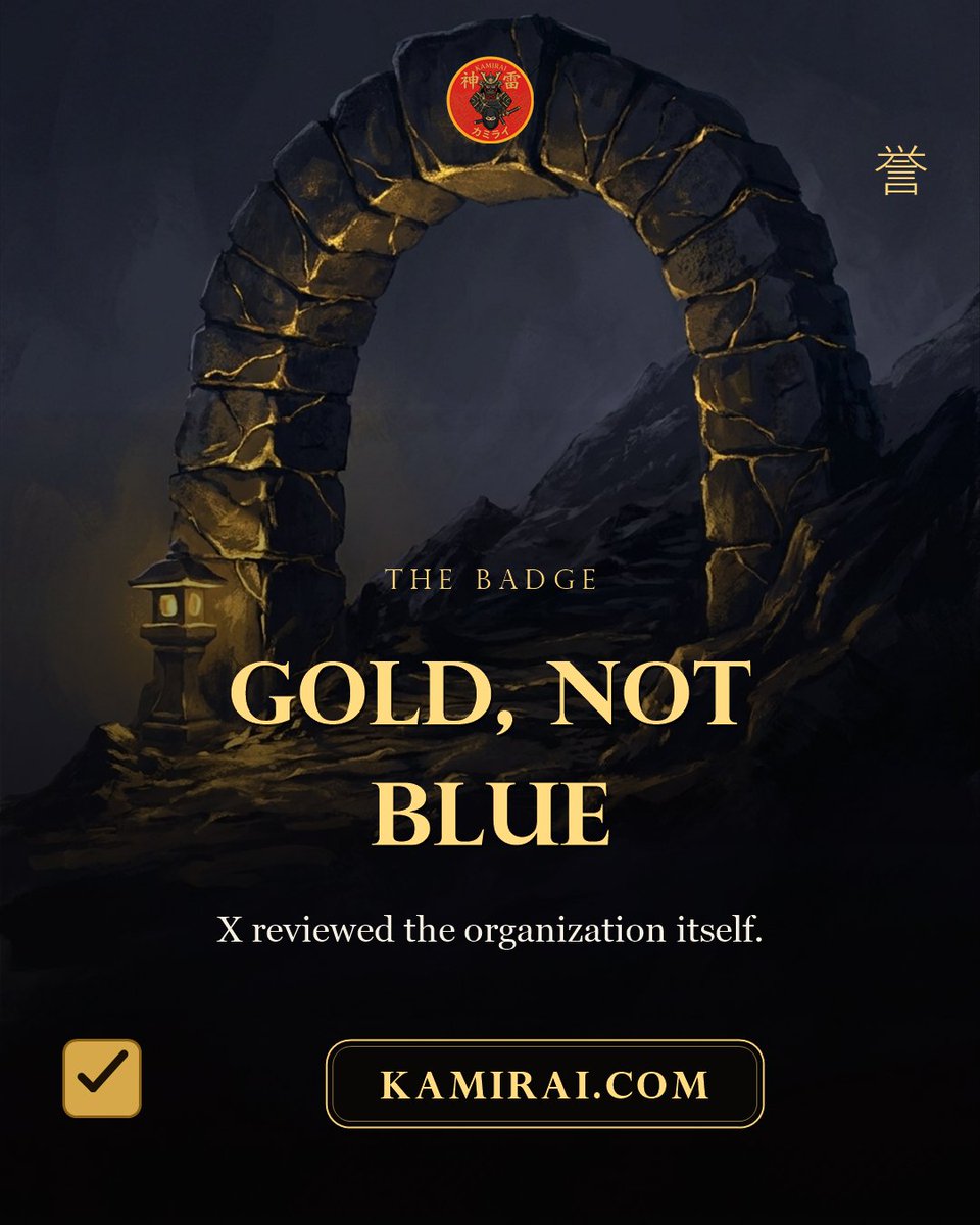 KamiraiOfficial's tweet photo. The gold badge is a different class of verification than the blue check.

Blue means a paid subscription. Gold means X reviewed the organization behind the account, its identity and its standing, and verified it.

Our badge is the gold one, because KAMIRAI is a real organization with a real product and a real contract. See it next to @KamiraiOfficial. https://t.co/eqLobTikf5