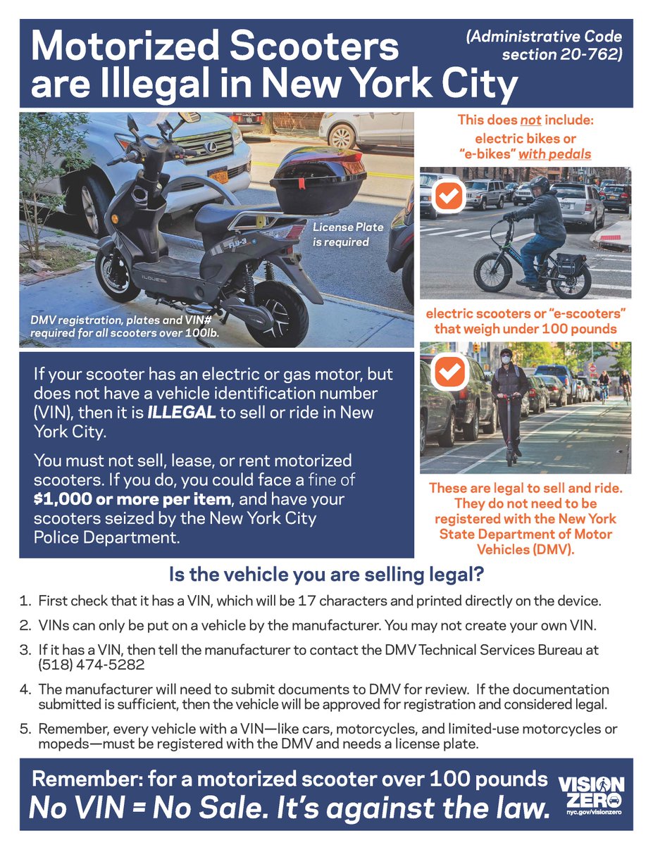 NYPD111Pct's tweet photo. 🚨Motorized Scooters without a VIN are ILLEGAL in NYC!
No VIN = No Sale. No Ride.
Avoid fines and seizures that could cost over $1000. https://t.co/gz2WQUOXXw