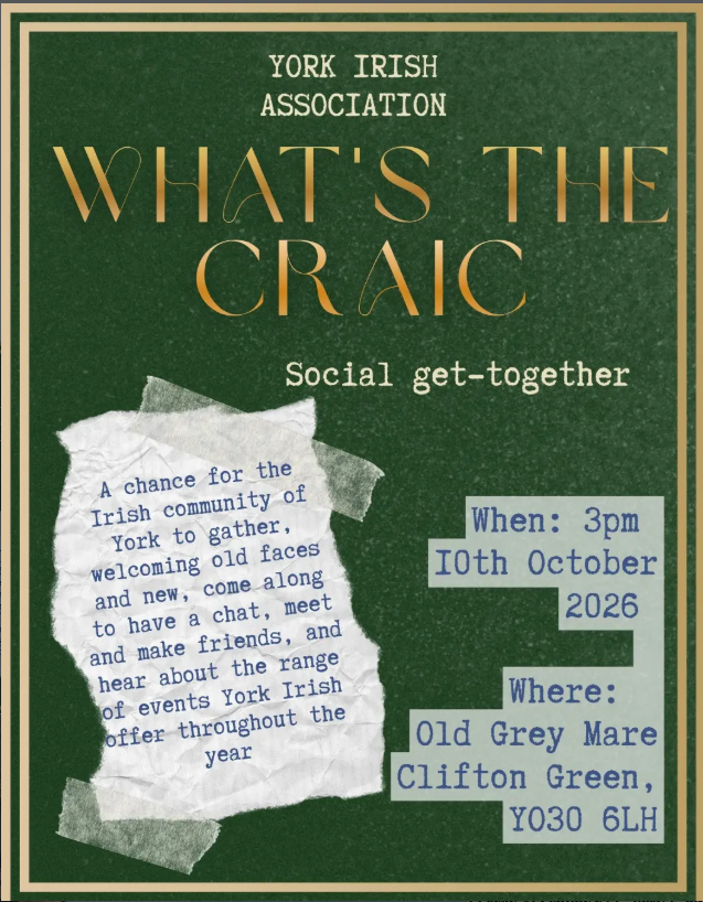 irishinbritain's tweet photo. A chance for the Irish community of York to gather, welcoming old faces and new

Come along to have a chat, meet and make friends and hear about the range of events York Irish Association run throughout the year

All welcome from 3pm,  Old Grey Mare, Clifton, pop by anytime! https://t.co/YqQp2StXsQ