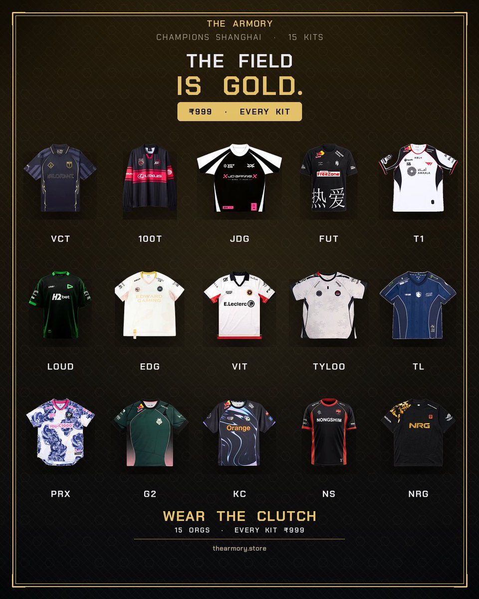 thearmory_store's tweet photo. The whole field. One price.
Every Champs kit โน999.
Ship โน120 across India.
15 orgs. Shanghai. Live.
https://t.co/RJNJ05xM6F
#ValorantChampions #VCT #ChampionsShanghai #TheArmory https://t.co/TW6CdDpKRT