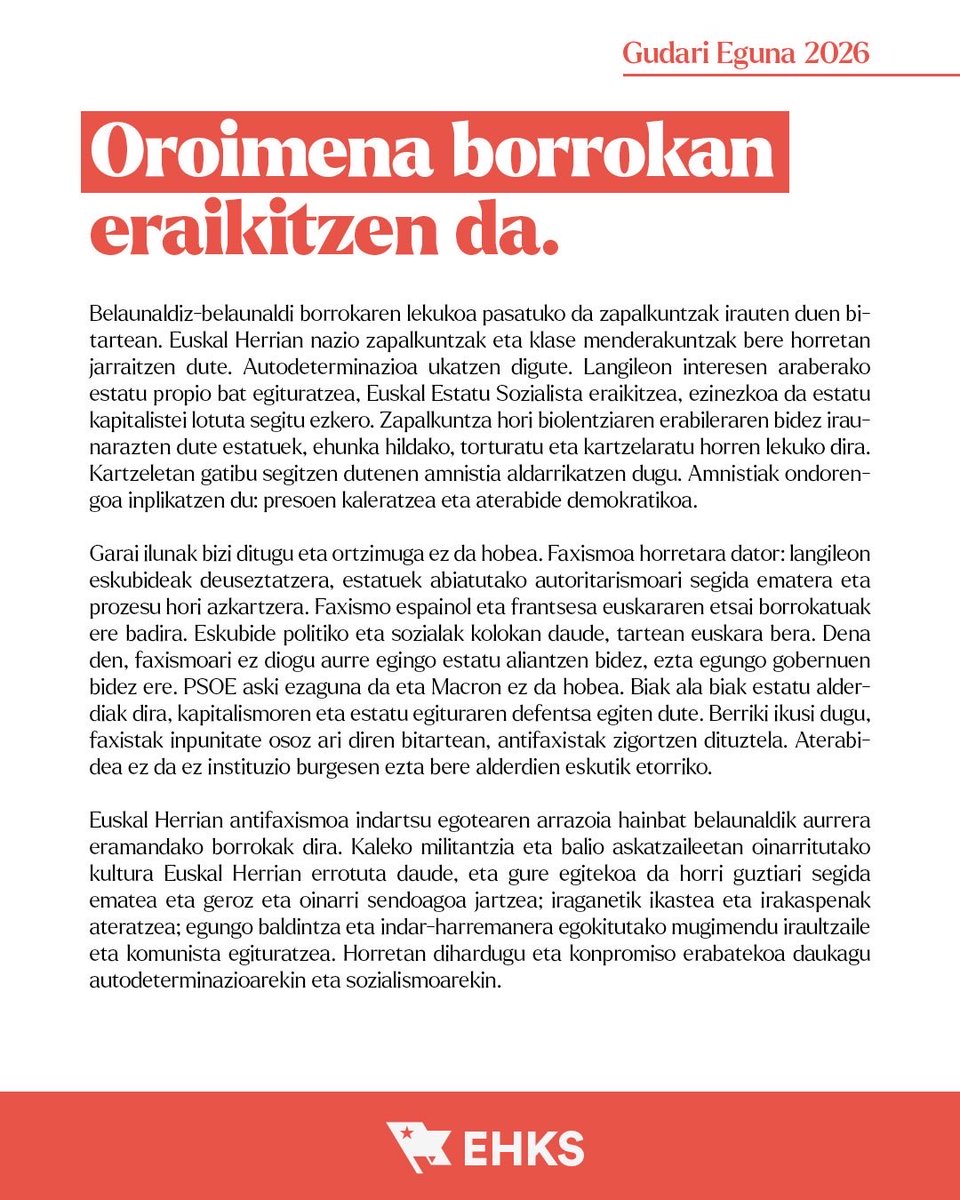 EHKSozialista's tweet photo. 🚩 Gudari Eguna 2026 | Oroimena borrokan eraikitzen da. https://t.co/vr405aTHvb