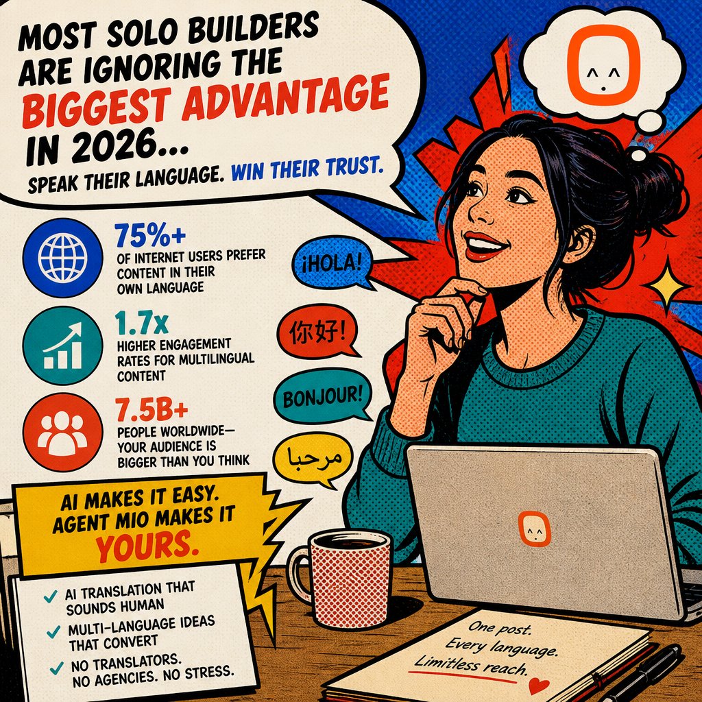 AgentMio's tweet photo. 95% of your competitors post in English only.

That's 5.5 billion people they're ignoring.

Multilingual content gets 2x higher engagement in local markets. You don't need translators. You need Agent Mio.

Your next customer might not speak English. Are you reaching them?

#SoloBuilders #AIMarketing