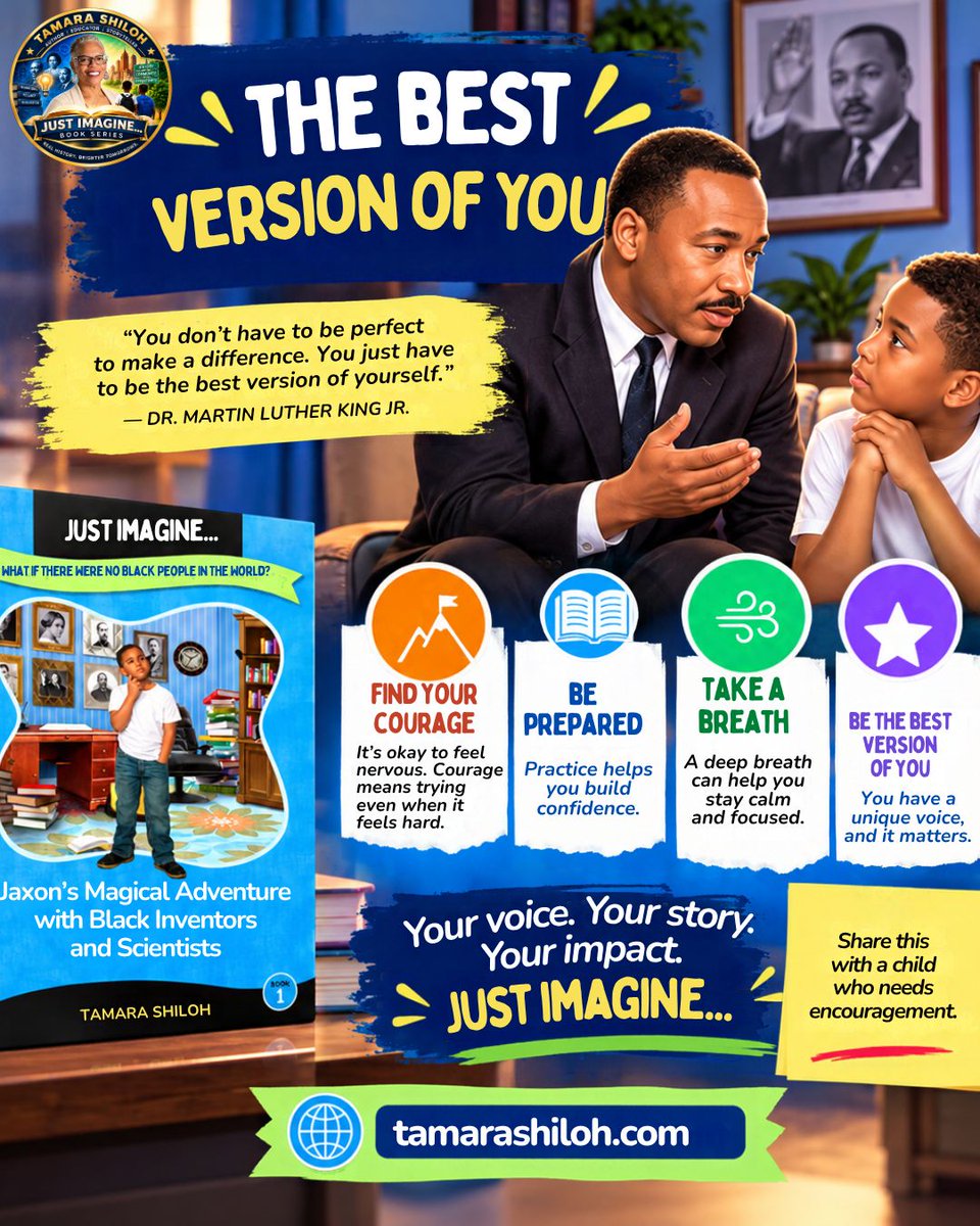 tamarashiloh's tweet photo. A shaky voice can still be a powerful voice.

As Jaxon prepares to portray Dr. King, he learns that courage can look like preparing, taking a breath, and trying again.

Be the best version of YOU. 

🌐 https://t.co/K99qxBvPBu

#TamaraShiloh #JustImagine#BlackHistoryForKids https://t.co/6alc5B778q