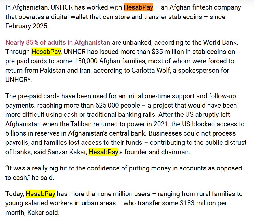 RealAllinCrypto's tweet photo. 🚨ALGORAND AND HESABPAY HAVE BEEN FEATURED BY THE NEW HUMANITARIAN FOR POWERING REAL WORLD STABLECOIN PAYMENTS.

UNHCR has distributed $35M+ to 150,000 Afghan families through @HesabPay_, reaching 625,000+ people.

HesabPay now serves 1M+ users moving $183M every month, with ALL transactions running on @Algorand.

This is blockchain solving real problems where traditional finance falls short. $ALGO @AlgoFoundation