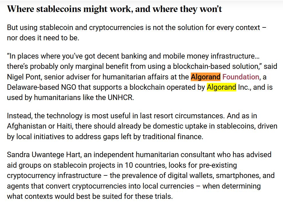 RealAllinCrypto's tweet photo. 🚨ALGORAND AND HESABPAY HAVE BEEN FEATURED BY THE NEW HUMANITARIAN FOR POWERING REAL WORLD STABLECOIN PAYMENTS.

UNHCR has distributed $35M+ to 150,000 Afghan families through @HesabPay_, reaching 625,000+ people.

HesabPay now serves 1M+ users moving $183M every month, with ALL transactions running on @Algorand.

This is blockchain solving real problems where traditional finance falls short. $ALGO @AlgoFoundation