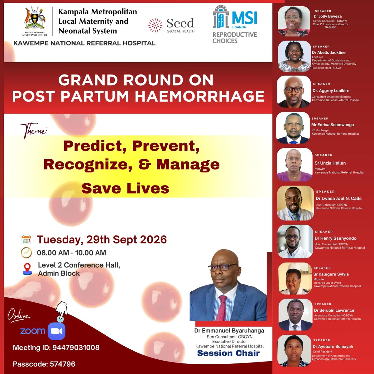 KawempeNRH's tweet photo. 𝐆𝐑𝐀𝐍𝐃 𝐑𝐎𝐔𝐍𝐃 𝐀𝐋𝐄𝐑𝐓: @KawempeNRH invites you to a Grand Round on PPH

Theme: 𝐏𝐫𝐞𝐝𝐢𝐜𝐭, 𝐏𝐫𝐞𝐯𝐞𝐧𝐭, 𝐑𝐞𝐜𝐨𝐠𝐧𝐢𝐳𝐞, &amp; 𝐌𝐚𝐧𝐚𝐠𝐞 – 𝐒𝐚𝐯𝐞 𝐋𝐢𝐯𝐞𝐬

📅 Tue, 29th Sept 2026 | 8-10 AM
📍 Level 2 Conference Hall
💻 Zoom ID: 94479031008 | Code: 574796 https://t.co/D5MFSVvZzp