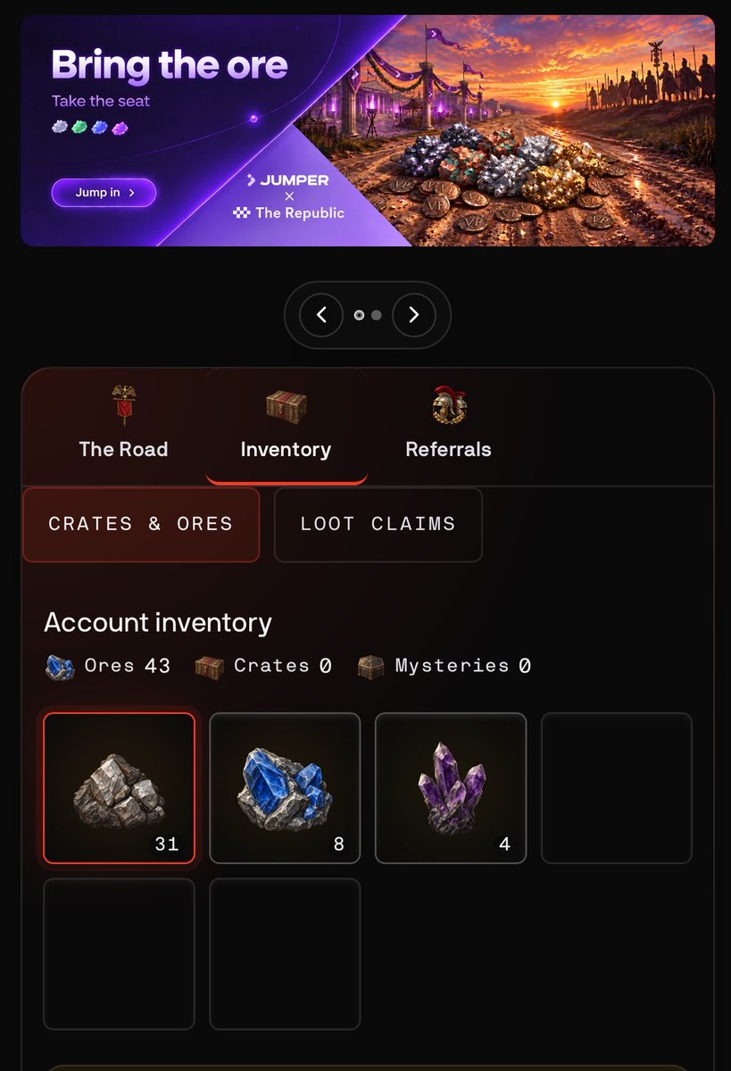 elina_mh's tweet photo. Today I checked my inventory in The Republic and figured it’s worth breaking down clearly, since a lot of people still mix up Crates and Mysteries 👇

📦 A Crate is a box, open it, and it gives you Ore.

🔮 A Mystery is different,  the outcome isn’t set in advance. You might get VP, another Crate, both, or nothing. There’s no guarantee either way.

⛏️ Ore is what builds up from opening Crates, and it feeds into your ore multiplier.

Where I’m at right now:

🔹 43 Ores (31 Common / 8 Rare / 4 Epic)
🔹 No Crates or Mysteries opened yet

Here’s the interesting part: it doesn’t end here. If this post gets approved, it lands in the Republic’s own raid queue, and other members can back it too. A simple post can turn into something the community builds on.

Participating in a rewarded Republic community campaign

@legiondotcc #TheRepublic