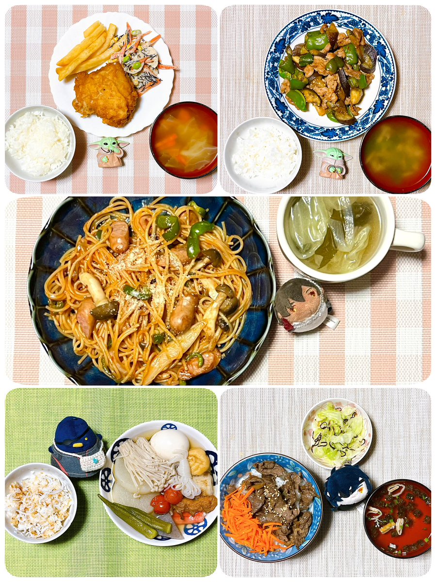 ibuki_to's tweet photo. 今週の〜
•けんたっきー、蓮根サラダ、コンソメスープ
•豚コマと茄子ピーマン味噌炒め、鶏がらスープ
•ナポリタン、玉ねぎキャベツわかめのスープ
•おでん🍢、梅おかかご飯
•牛肉の時雨煮+人参ナムル丼、キャベツの塩昆布和え、粉末お吸い物

〜ちいさきものを添えて〜 https://t.co/sJmi5yhexX