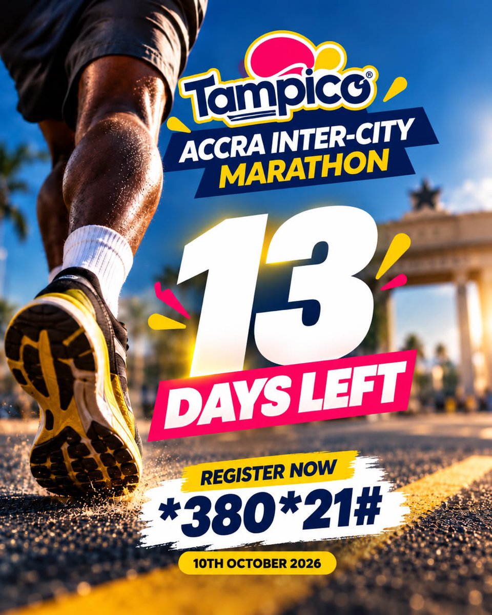 SportsChannelGh's tweet photo. Follow @AthleticsNotch 1⃣3⃣ more days to go..... Are you ready? Join us live on TikTok at 7pm and win one of our free slots which is being funded by Athletics Notch Tv #athleticsnotchtv #TampicoAccraInterCityMarathon #Free #GhanaNews #5km #Marathon https://t.co/07hk1aBiBu