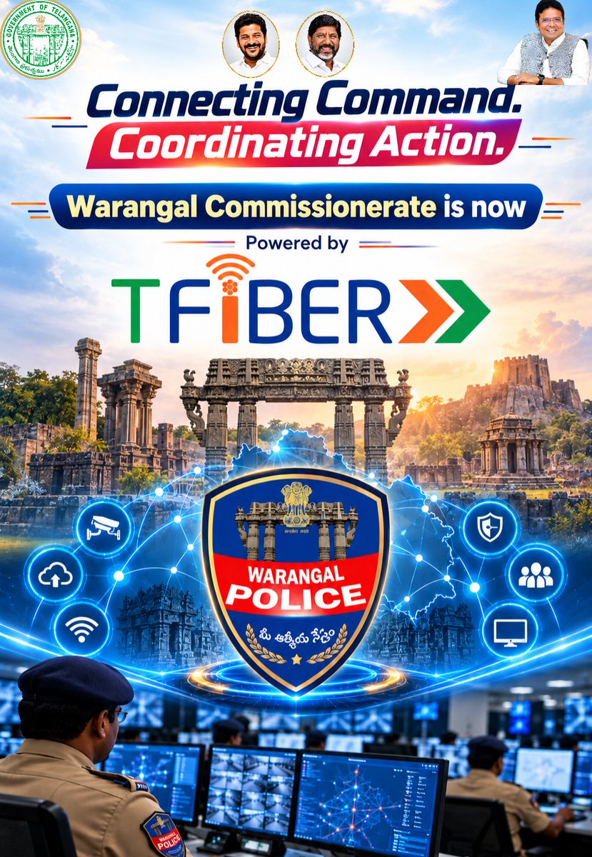 tfiberofficial's tweet photo. Connecting Command. Coordinating Action. 🚔🌐

Warangal Commissionerate is now powered by T-Fiber 🚀 

Strengthening digital connectivity for faster coordination and smarter policing⚡

@revanth_anumula @Bhatti_Mallu
@OffDSB @anudeepd7 @MdTfiber

 #WarangalPolice #tfiber
 #DigitalTelangana #SmartPolicing #ConnectedTelangana