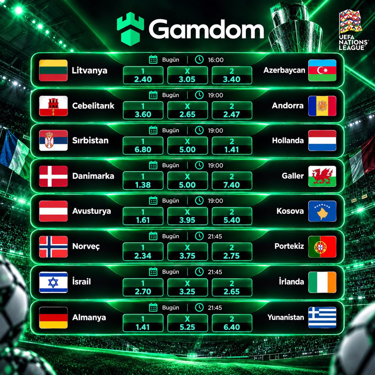gamdom_media's tweet photo. ⚡️ EN YÜKSEK ORANLAR GAMDOM’DA! 💚

🏆UEFA Uluslar Ligi’nde günün yüksek oranlarını kaçırma!

Favori karşılaşmanı seç, en yüksek oranların tadını çıkart!🔥

🫵 Gamdom Giriş: https://t.co/fscnjMs2VD

😎 Topluluk: https://t.co/hr5flv1Xe8

#Gamdom #UluslarLigi https://t.co/LimOUG8tv0