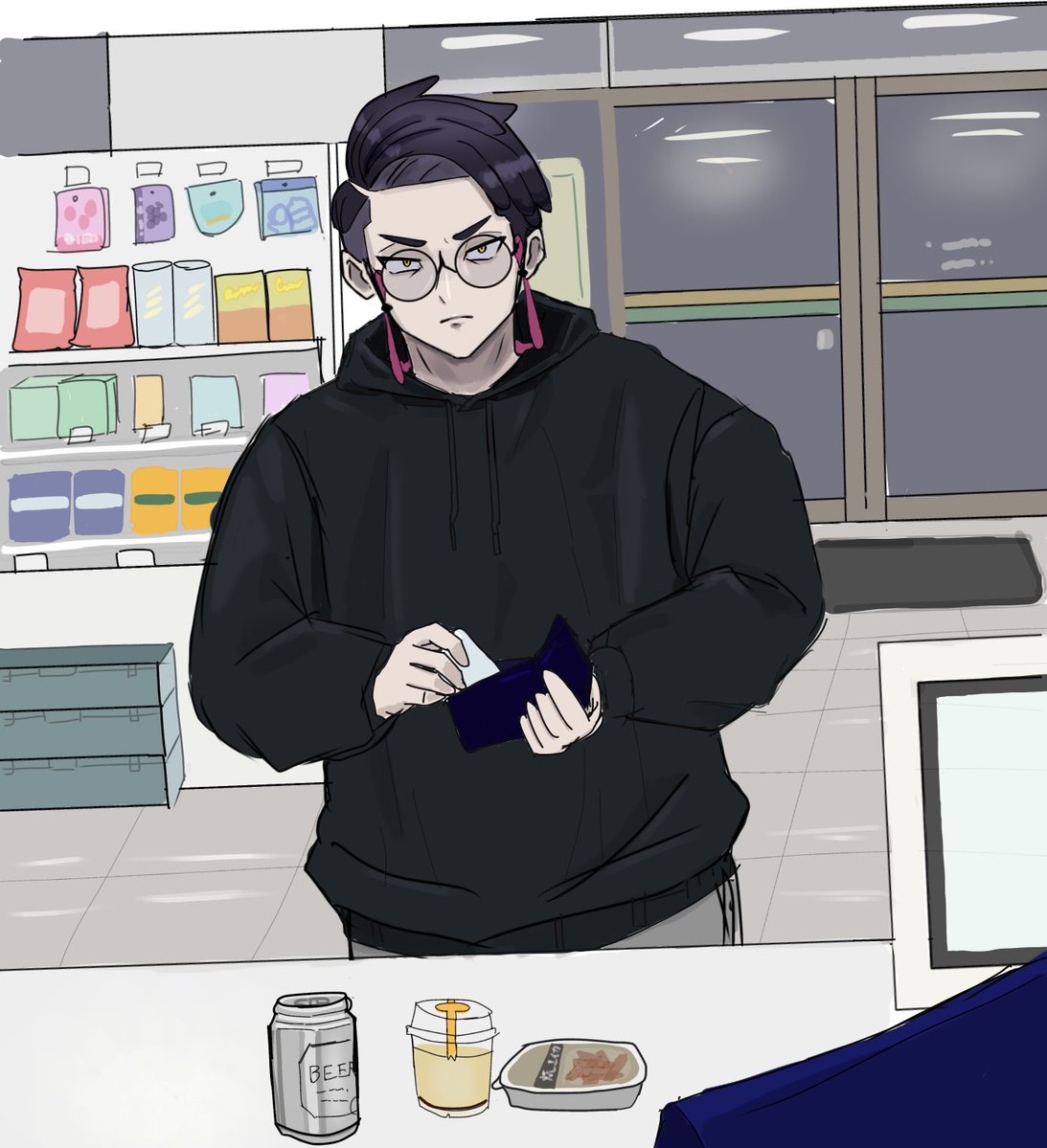 nzSkqLYCeW5734's tweet photo. 行きつけのコンビニに新人バイトが入る度に酒タバコの年確されて欲しいし
おっさんやで、って言いながら身分証出して欲しい
（雑背景） https://t.co/bxLJNJqDgq