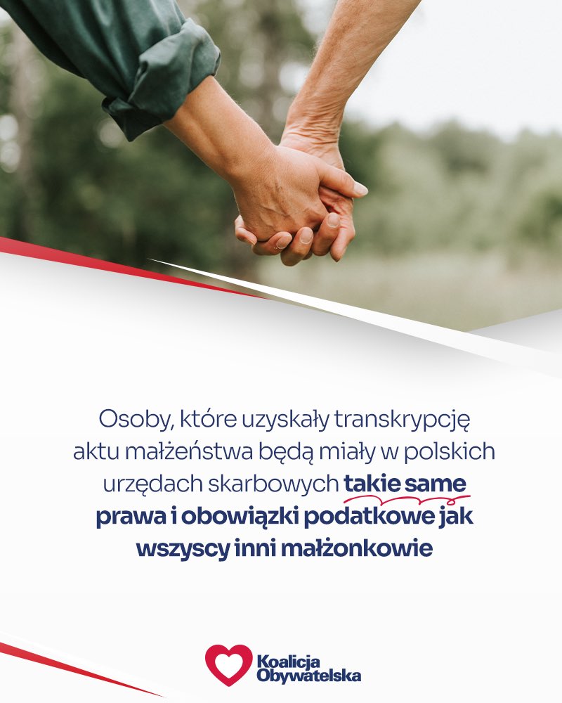 Obywatelska_KO's tweet photo. Decyzją ministra @Domanski_Andrz Ci, którzy uzyskali transkrypcję aktu małżeństwa zawartego za granicą będą miały te same prawa i obowiązki podatkowe jak wszyscy inni małżonkowie❗️ 

To kwestia elementarnej godności i ułatwienia życia ludziom. https://t.co/0DTMiZImAp